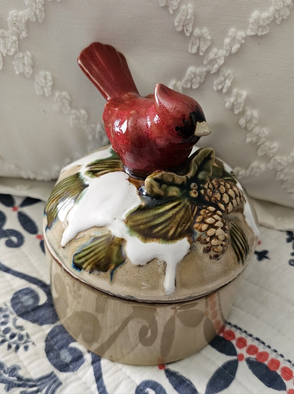 FINAL..Ceramic Cardinal Pinecone Decorative Jar - Candy Dish